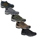 Five pairs of outdoor shoes are arranged in a stacked formation showcasing various colors including navy gray green brown and black each pair features a rugged sole and lacing system