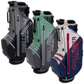 Three golf bags are displayed in a row each featuring a distinct color scheme and design. They are designed for waterproof protection and have multiple storage pockets for equipment.