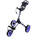 A golf push cart with three wheels is shown standing upright The cart features a gray frame with purple wheels and a storage compartment on top designed for golfers to transport their gear.