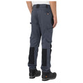 Dark gray cargo pants with contrasting black panels are worn by a person standing upright. The breathable fabric features pockets on the sides, suited for work or outdoor activities.