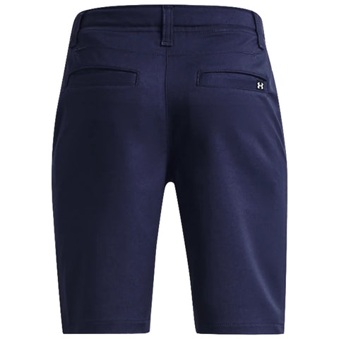 Navy blue shorts with a fitted design feature two back pockets and a waistband. They are displayed against a plain white background, emphasizing their simplicity and versatility.