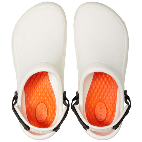 Two white clogs are displayed with an orange cushioned insole and black adjustable straps positioned for visibility against a plain background emphasizing their design and color contrast.