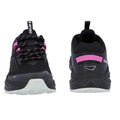 Black athletic shoes are displayed standing upright with pink accents and laces. They are designed for outdoor activities with a sturdy sole and a loop at the heel for easy wearing.