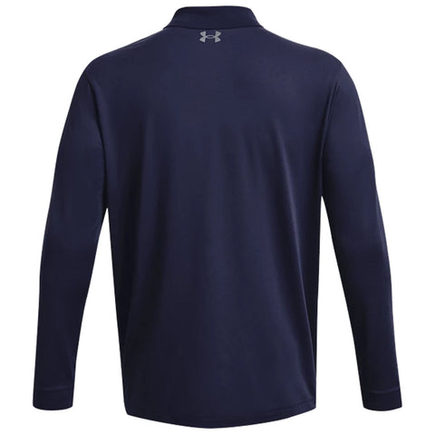 A long-sleeved navy blue polo shirt hangs facing away revealing a simple design with a small logo at the collar indicating sporty casual wear suitable for various activities