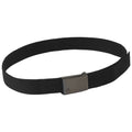 A black fabric belt lies flat showcasing its sleek design with a metallic clasp visible at the center likely intended for fastening and securing around the waist in casual or formal wear.