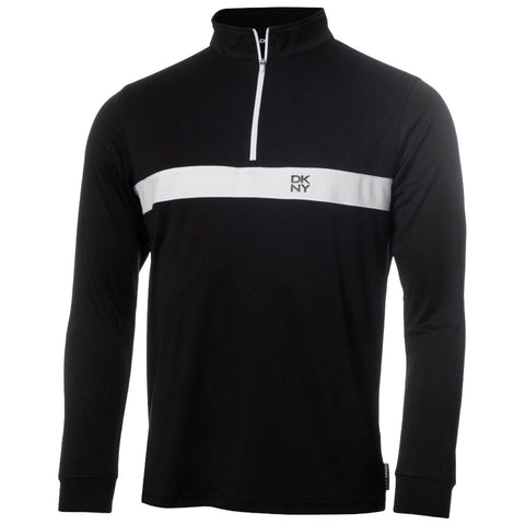 A black long-sleeve shirt with a half zipper features a white horizontal stripe across the chest and the logo DKNY displayed in the center of the stripe.