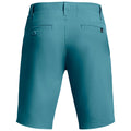 Teal shorts are displayed with a smooth fabric texture featuring two back pockets and a small brand logo on one pocket, set against a plain white background.