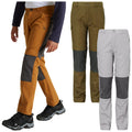 Youth outdoor pants in three styles are displayed together. One pair is orange with gray patches. The second pair is olive green with gray. The third is gray with dark patches.