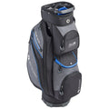 A golf bag stands upright displaying multiple zippered pockets for storage designed with gray and black materials accented with blue details in a neutral setting suitable for sports activities.