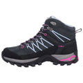 A black and gray hiking boot features pink accents and a rugged sole designed for outdoor activities providing support and traction in various terrains