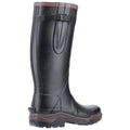 A tall black rubber boot with a brown top rim features a buckle strap and a textured sole designed for outdoor use in wet or muddy conditions.