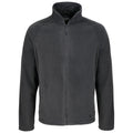 A gray fleece jacket hangs upright featuring a full front zipper and a high collar designed for warmth and comfort typically used in cool outdoor environments.