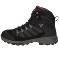 Hiking boot with black and gray fabric and purple accents is positioned upright showcasing the laces and distinct tread pattern emphasizing its suitability for outdoor activities.