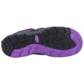 A sneaker sole is displayed showcasing a grip pattern with black and purple sections the sneaker appears to be designed for athletic use with features for traction and support.