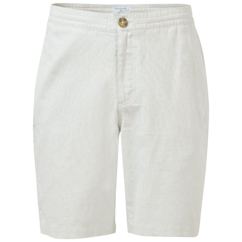 Light-colored linen shorts are prominently displayed featuring a button closure and side pockets set against a plain white background showcasing their casual summer style.