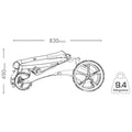 A folded transport device with two large wheels is presented displaying dimensions of 830mm in width and 490mm in height while weighing 9.4 kilograms