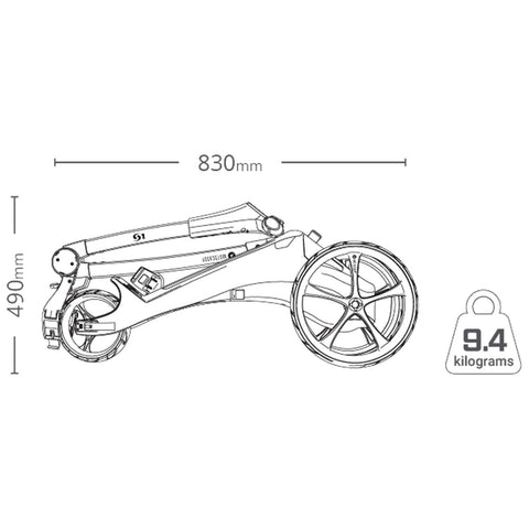 A folded transport device with two large wheels is presented displaying dimensions of 830mm in width and 490mm in height while weighing 9.4 kilograms