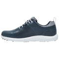 A dark blue sporty shoe with white soles features a lace-up design and perforations on the side for ventilation positioned against a plain background.