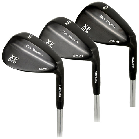 Three golf clubs are arranged in a line showcasing their angled clubheads Each club exhibits a sleek black finish with engraved markings indicating the brand and specifications They are designed for precise shots on the golf course