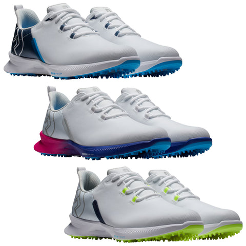 Two pairs of white athletic shoes are displayed side by side with different color accents on the soles. The top pair features a blue sole and a black heel while the bottom pair has a pink and blue sole with a light-colored heel.