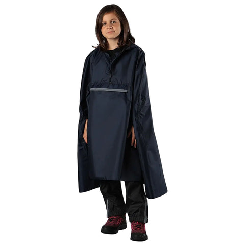 A child stands confidently wearing a dark blue rain poncho with a hood. The poncho is paired with black pants and sturdy red-soled boots, suitable for wet or outdoor conditions.