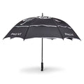 A black golf umbrella opens wide to provide shade or protection from rain with a sturdy handle for grip in outdoor settings such as golf courses or parks.