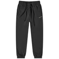 Black sweatpants are displayed flat with an elastic waistband and drawstring featuring side pockets and tapered cuffs designed for comfort and casual wear in relaxed settings