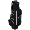 A black golf bag with multiple zippers and pockets stands upright showcasing a sleek design and gray accents ideal for organizing golf equipment and accessories on the course.