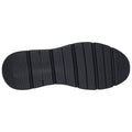 A black shoe sole is positioned flat against a neutral background showcasing various ridges and patterns for traction and flexibility with the word SKECHERS embossed on it