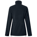 A dark fleece jacket hangs vertically showcasing a high collar and long sleeves with a fitted silhouette designed for warmth and comfort in a casual outdoor context.