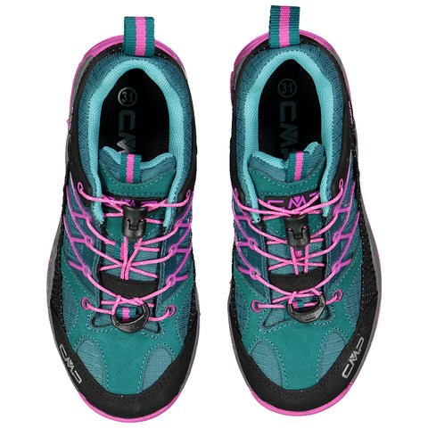 Two pairs of athletic shoes are displayed with a turquoise and black design featuring pink laces and accents ideal for outdoor activities positioned against a plain background.