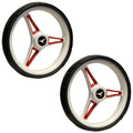 Two golf trolley wheels are positioned side by side featuring a white body with red accents and a black rubber tire they are designed for performance and aesthetics in automotive applications