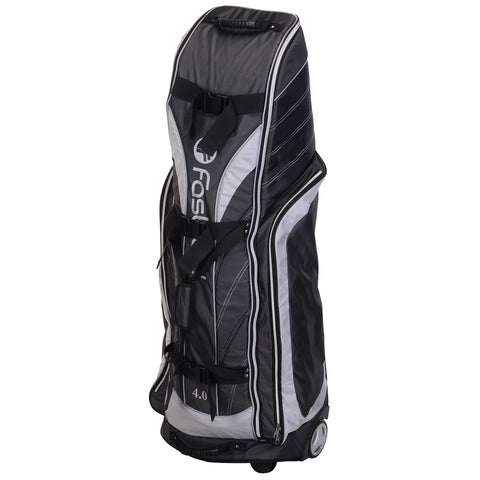 A tall black and gray sports bag with wheels is standing upright. It has multiple straps and zippers, designed for carrying sports equipment conveniently.