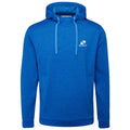 A blue hooded sweatshirt features a textured fabric design with a front pocket and two drawstrings. A small white logo is displayed on the upper left side.