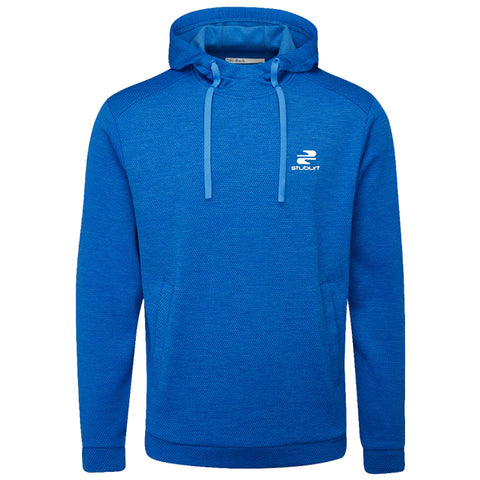 A blue hooded sweatshirt features a textured fabric design with a front pocket and two drawstrings. A small white logo is displayed on the upper left side.