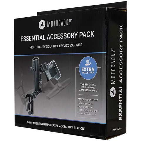 A black box displays the Motocaddy Essential Accessory Pack for golf trolleys featuring compartments for a device cradle drink holder scorecard holder and umbrella holder along with compatibility details.