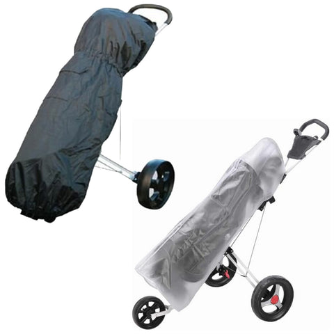 Two stroller covers are displayed one is black and the other is transparent both are positioned on top of a folding stroller which features a lightweight frame and wheels