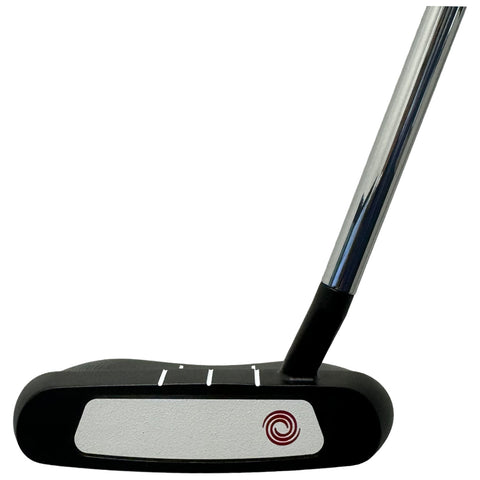 A black golf putter rests horizontally with a shiny metallic shaft and a flat striking surface featuring alignment lines and a red logo on the side against a white background.