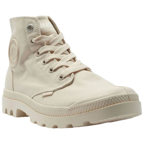 A beige high-top sneaker stands upright showcasing its textured canvas upper and rubber sole featuring a distinctive logo on the side against a plain white background.