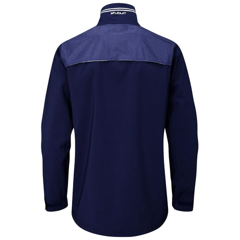 A navy blue long-sleeved shirt is displayed facing backward showing a denim collar and upper back panel with a logo near the collar indicating brand identity.