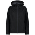 A black jacket with a hood is displayed front-facing it features a zipper and adjustable drawstrings for a snug fit the fabric appears lightweight and suitable for various weather conditions