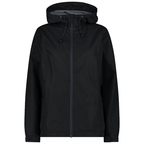 A black jacket with a hood is displayed front-facing it features a zipper and adjustable drawstrings for a snug fit the fabric appears lightweight and suitable for various weather conditions