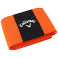 A vibrant orange golf towel is neatly folded with a black band across the center featuring the Callaway logo in white. Ideal for cleaning golf clubs on the course.