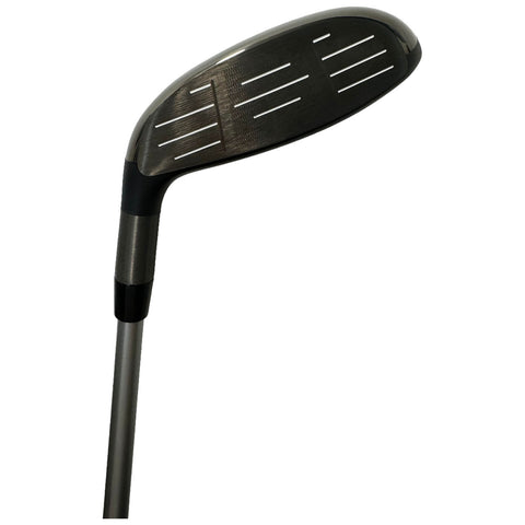 A golf club is positioned at an angle displaying its shiny head with grooves and a long shaft the background is plain and white creating focus on the club itself