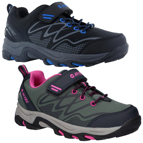 Two pairs of outdoor shoes are displayed side by side. The top pair features black and blue colors with a textured surface while the bottom pair has a green and pink design suited for children.