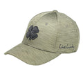 A green baseball cap features a black four-leaf clover on the front and the text Live Lucky embroidered on the side, suitable for outdoor activities or casual wear.