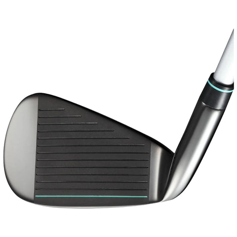 A golf club head is displayed in profile showing the angled face with grooves designed for ball control the metallic shaft connects to a smooth handle