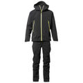 A black waterproof outdoor jacket and matching pants are displayed side by side showcasing their zippers and bright yellow accents suitable for wet weather activities.