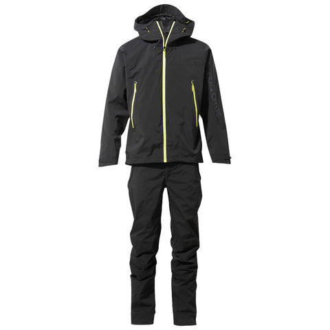 A black waterproof outdoor jacket and matching pants are displayed side by side showcasing their zippers and bright yellow accents suitable for wet weather activities.