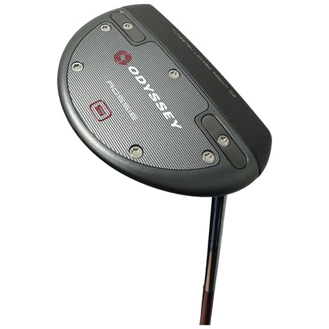 A golf putter with a rounded, metallic head features horizontal grooves and silver screws. The sleek black shaft extends below it, designed for precision in a golfing context.